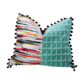 Single-sided double-sided cushion in multi-coloured striped editor's velvet, and turquoise blue, with pompoms