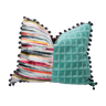 Single-sided double-sided cushion in multi-coloured striped editor's velvet, and turquoise blue, with pompoms