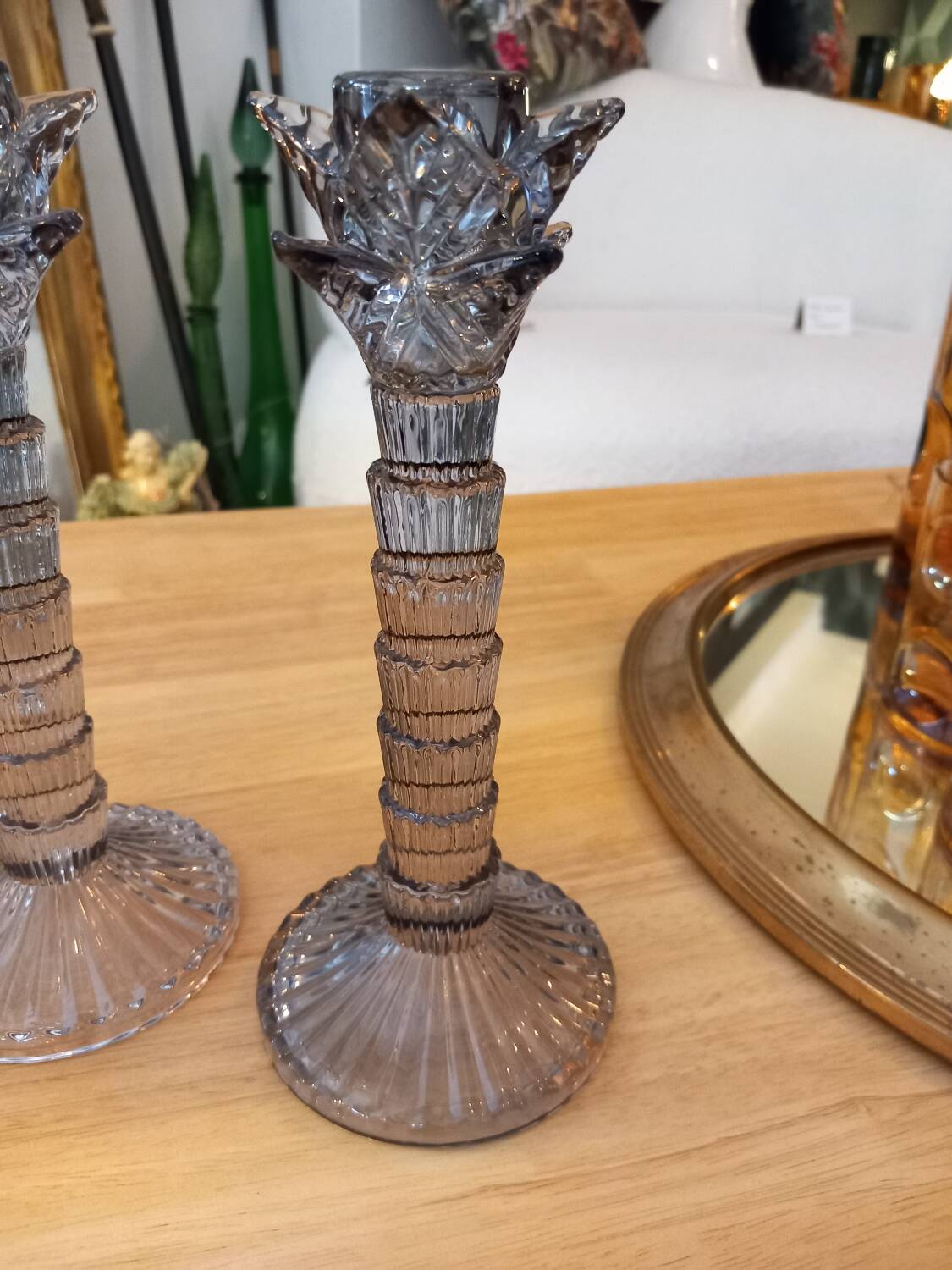 Pair of candlesticks. Blue/gray glass