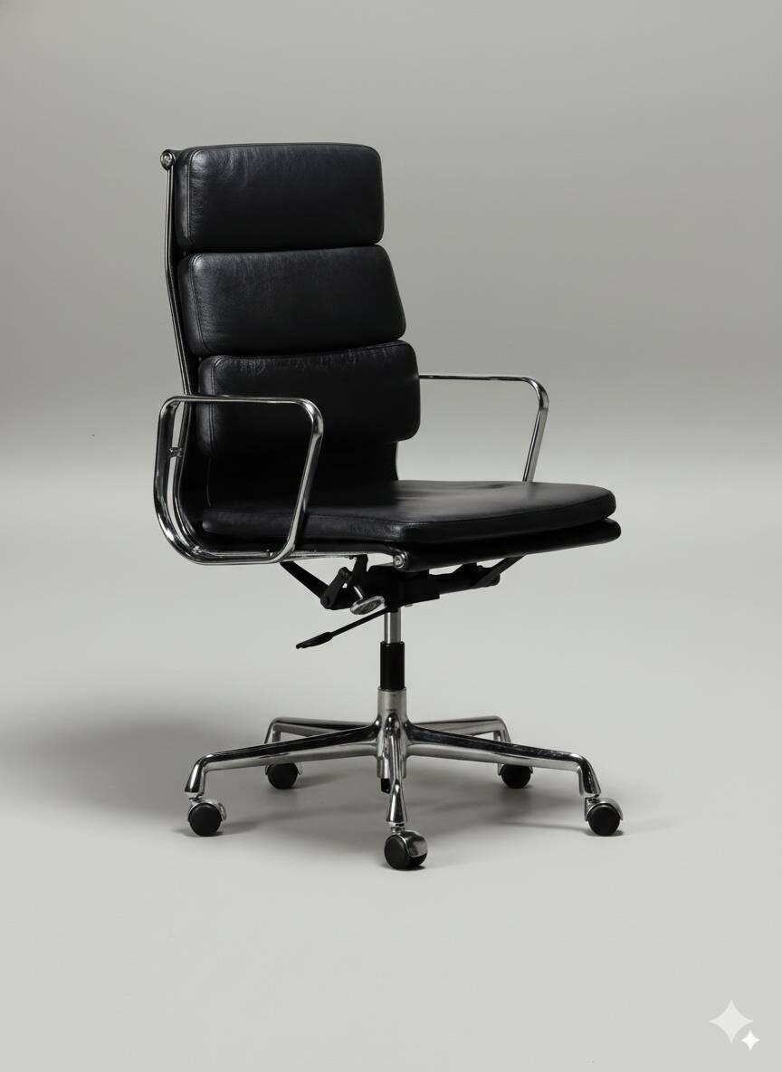 Chaise de bureau Charles & Ray Eames EA219 en chrome et cuir noir, Vitra