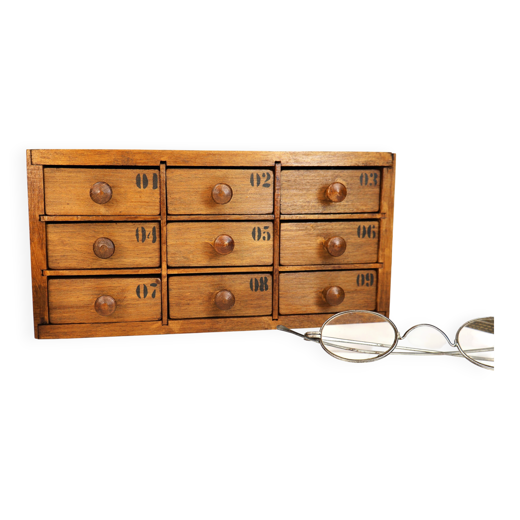 Small drawer unit, vintage wooden watchmaker's chest.