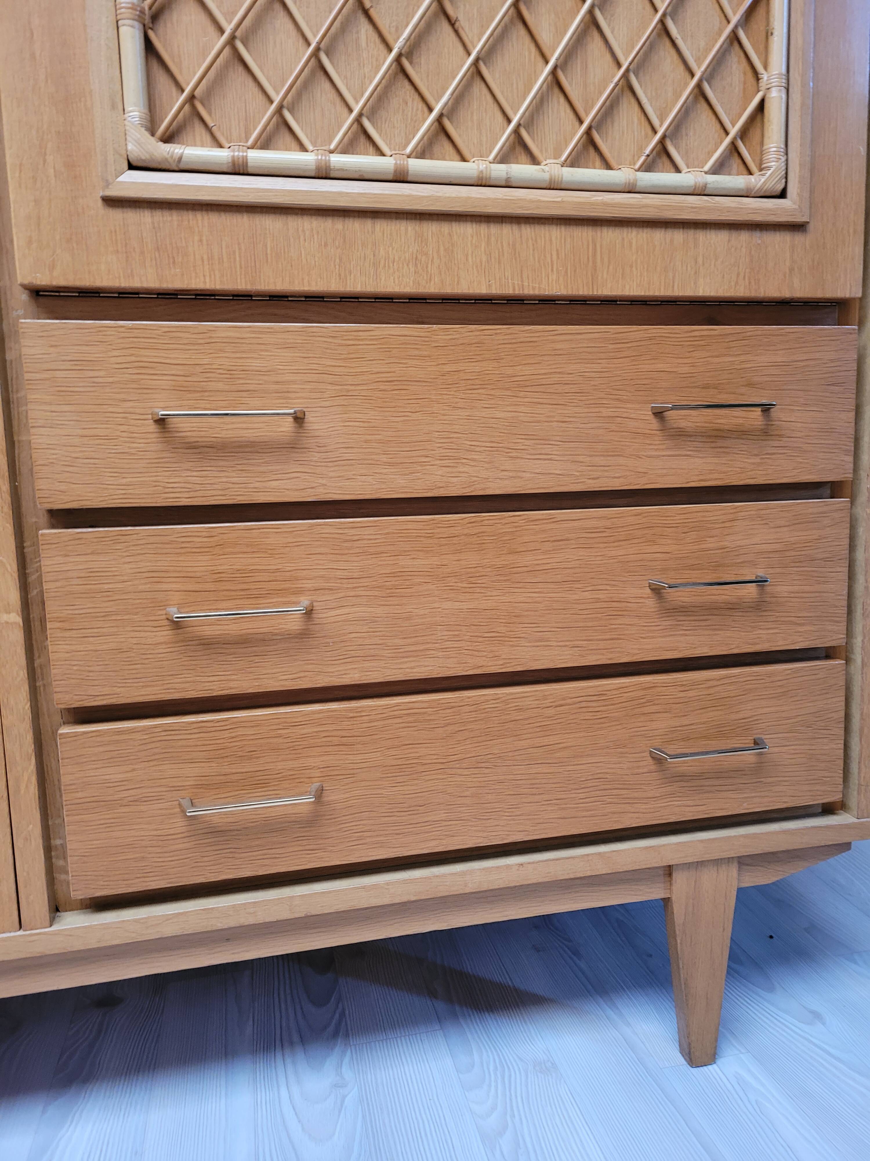 Wooden and rattan chest of drawers, 1960s