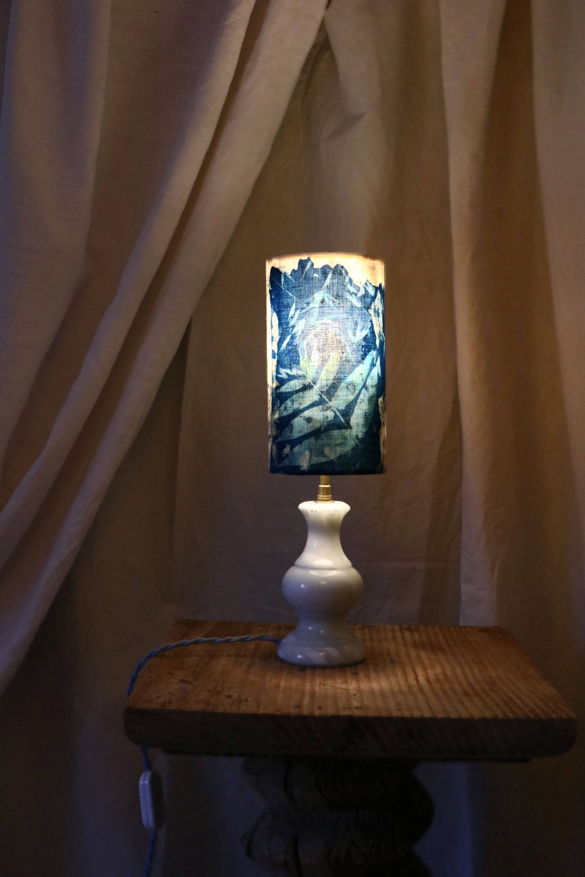 Blue alabaster floor lamp and handmade cyanotype lampshade