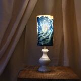 Blue alabaster floor lamp and handmade cyanotype lampshade