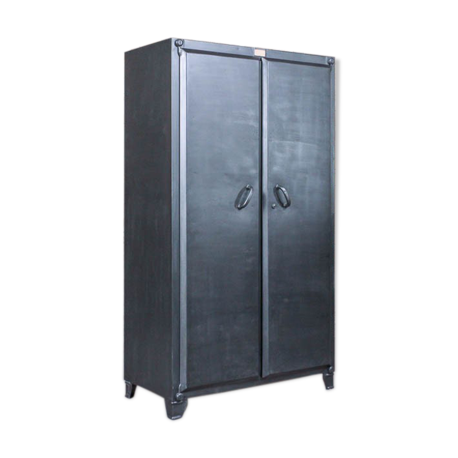 Industrial storage cabinet with 2 brushed steel swing doors, circa 1950
