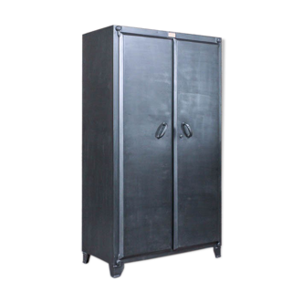 Industrial storage cabinet with 2 brushed steel swing doors, circa 1950