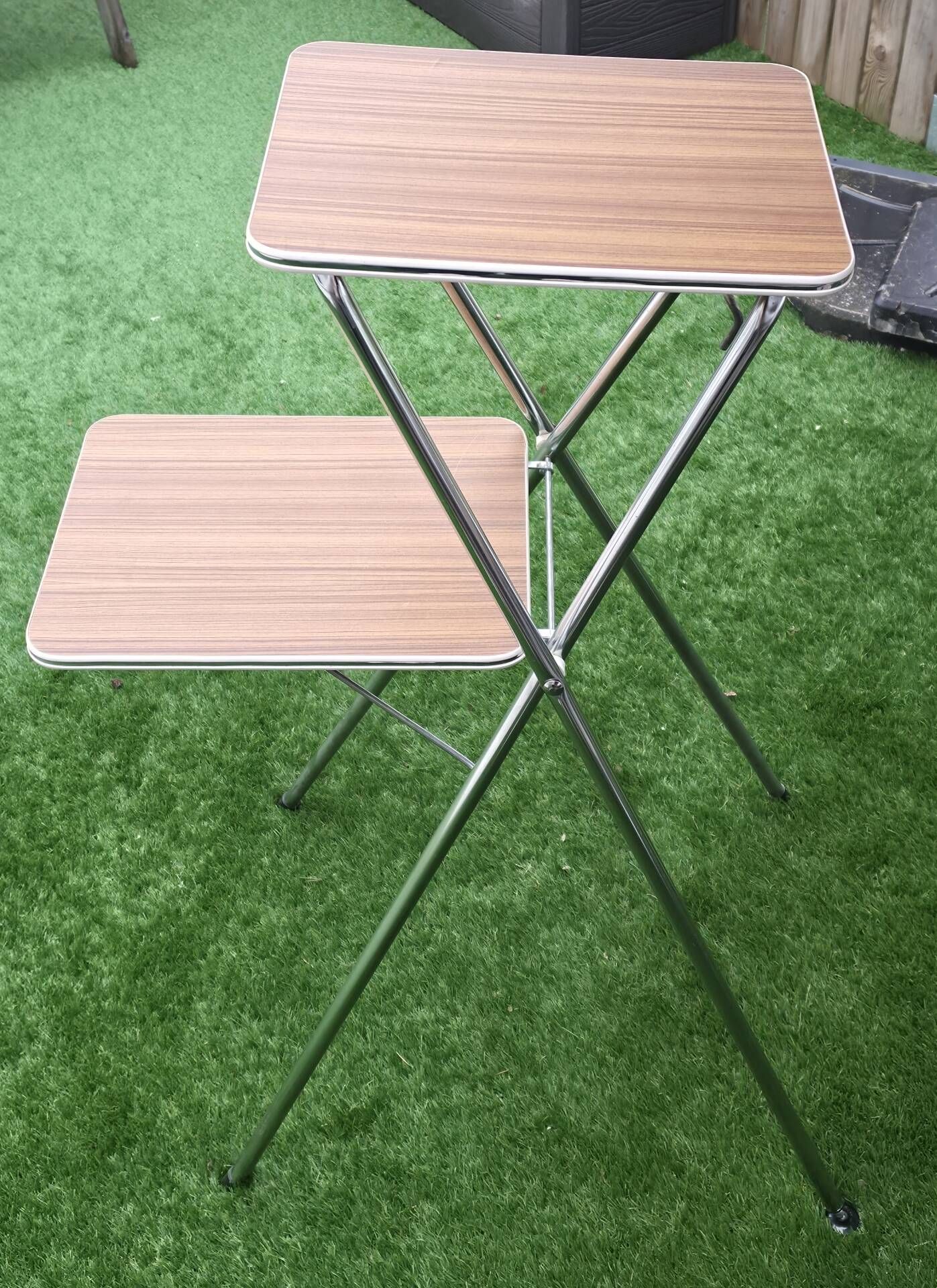 Vintage folding dessert table from the 70s – chrome metal and imitation trays.