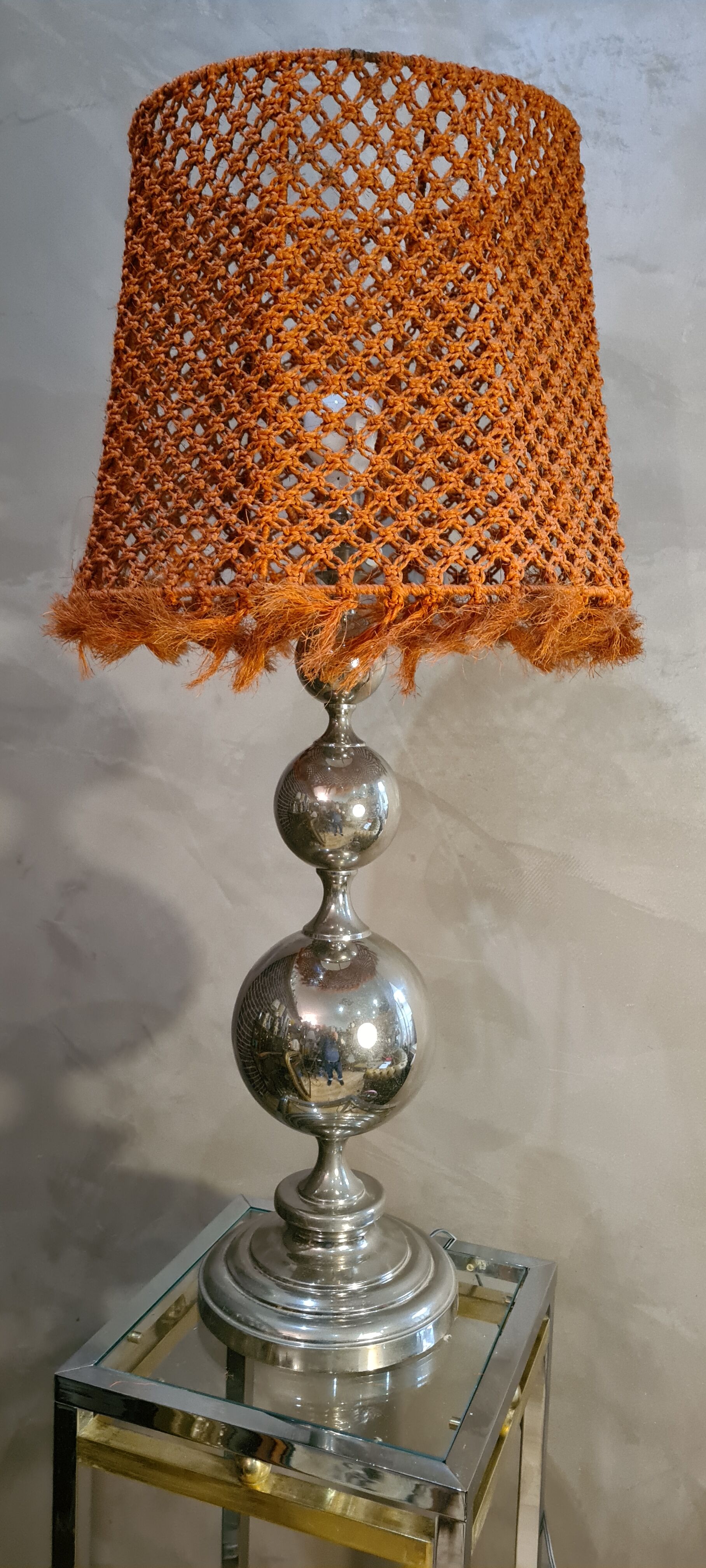 large nickel-plated lamp 1970 macramé lampshade 87x40, very beautiful