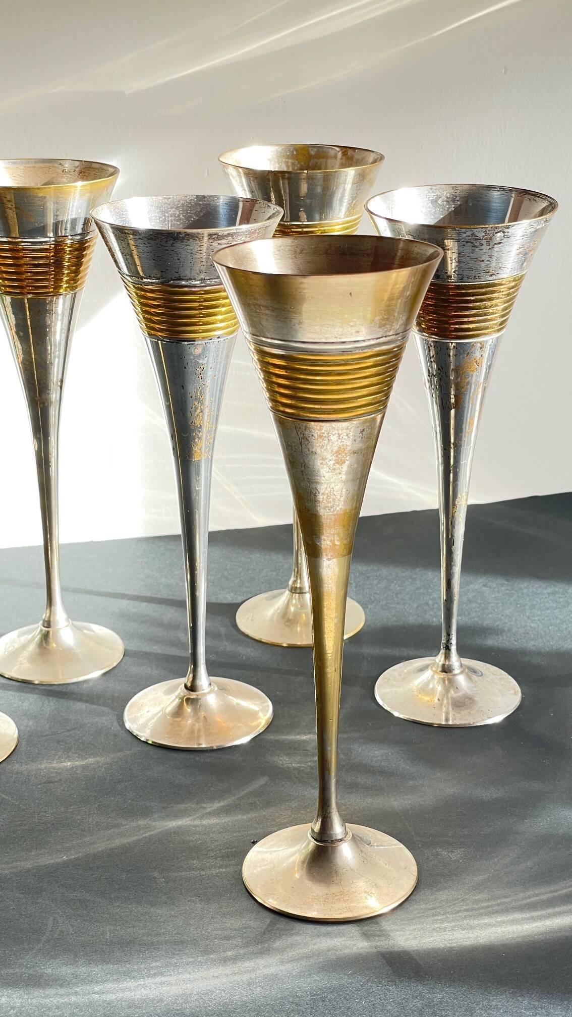 6 Vintage Silver-Plated Brass Champagne Flutes