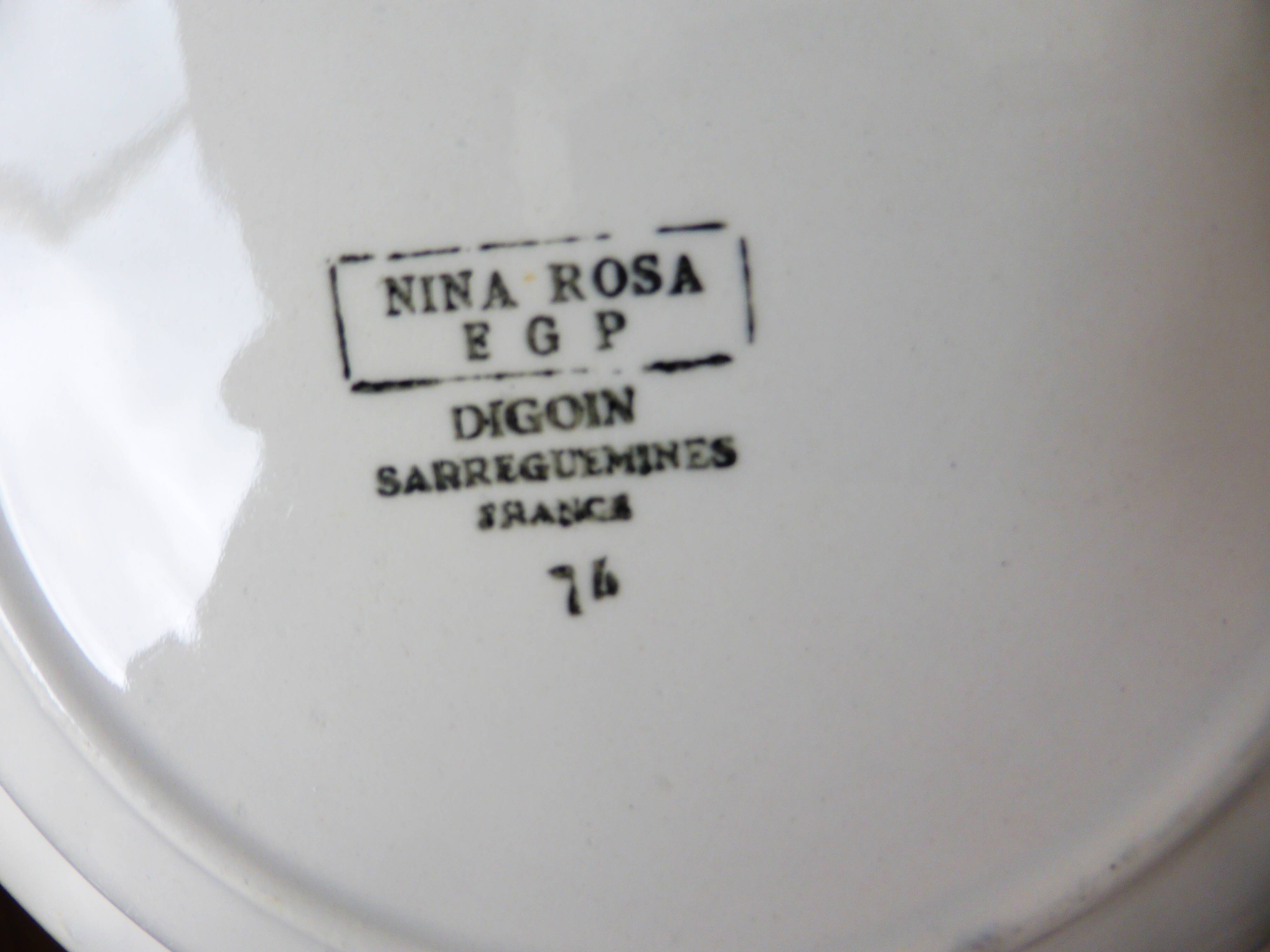 6 vintage Digoin Sarreguemines soup plates, Nina Rosa model