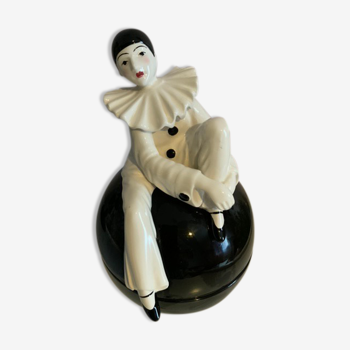 Bonbonnière céramique Pierrot sur boule vintage