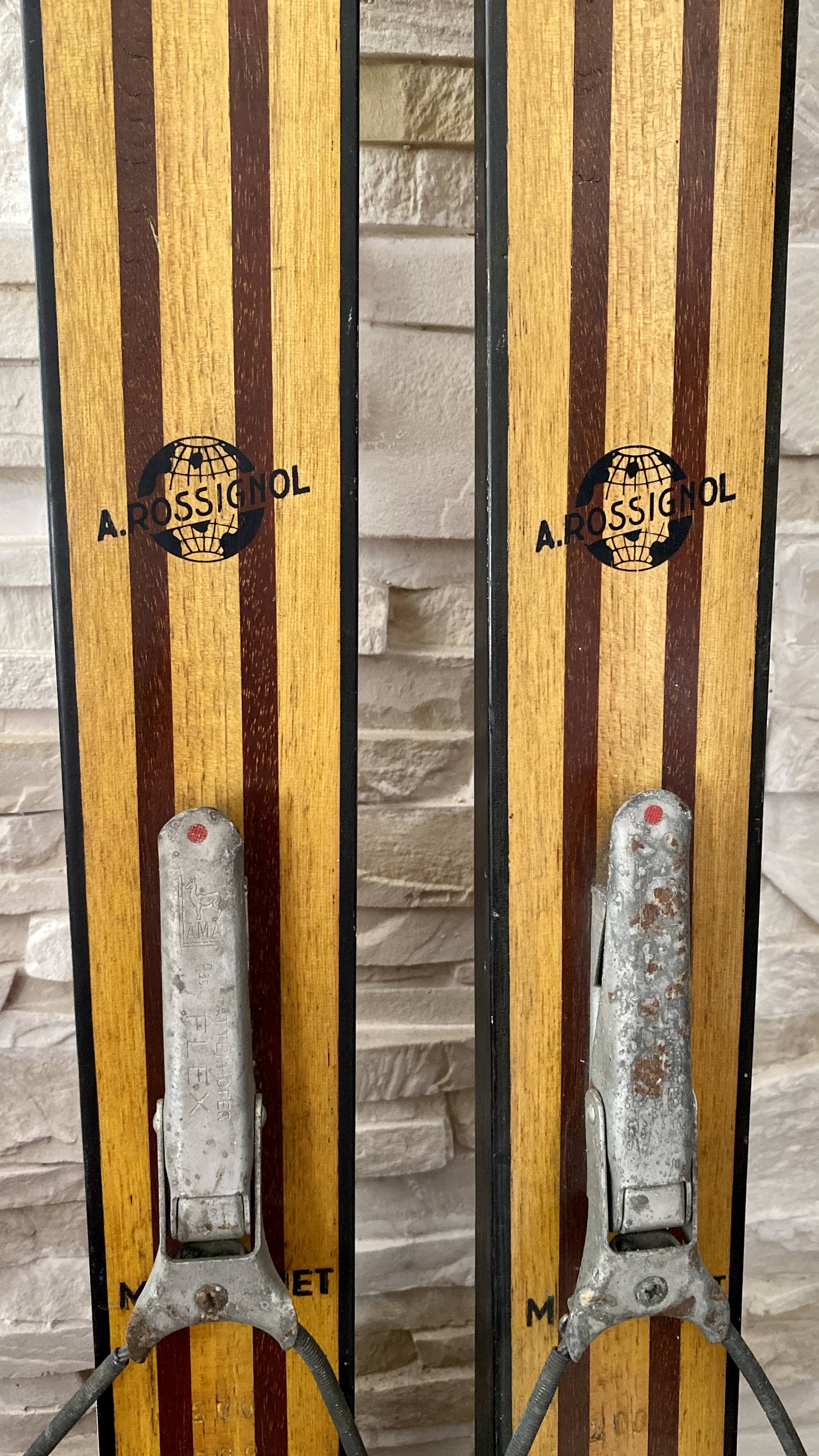 Vintage wooden Rossignol Hickory ski pair