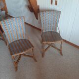 2 woven rattan garden chairs – sky blue net patterns – 1940s