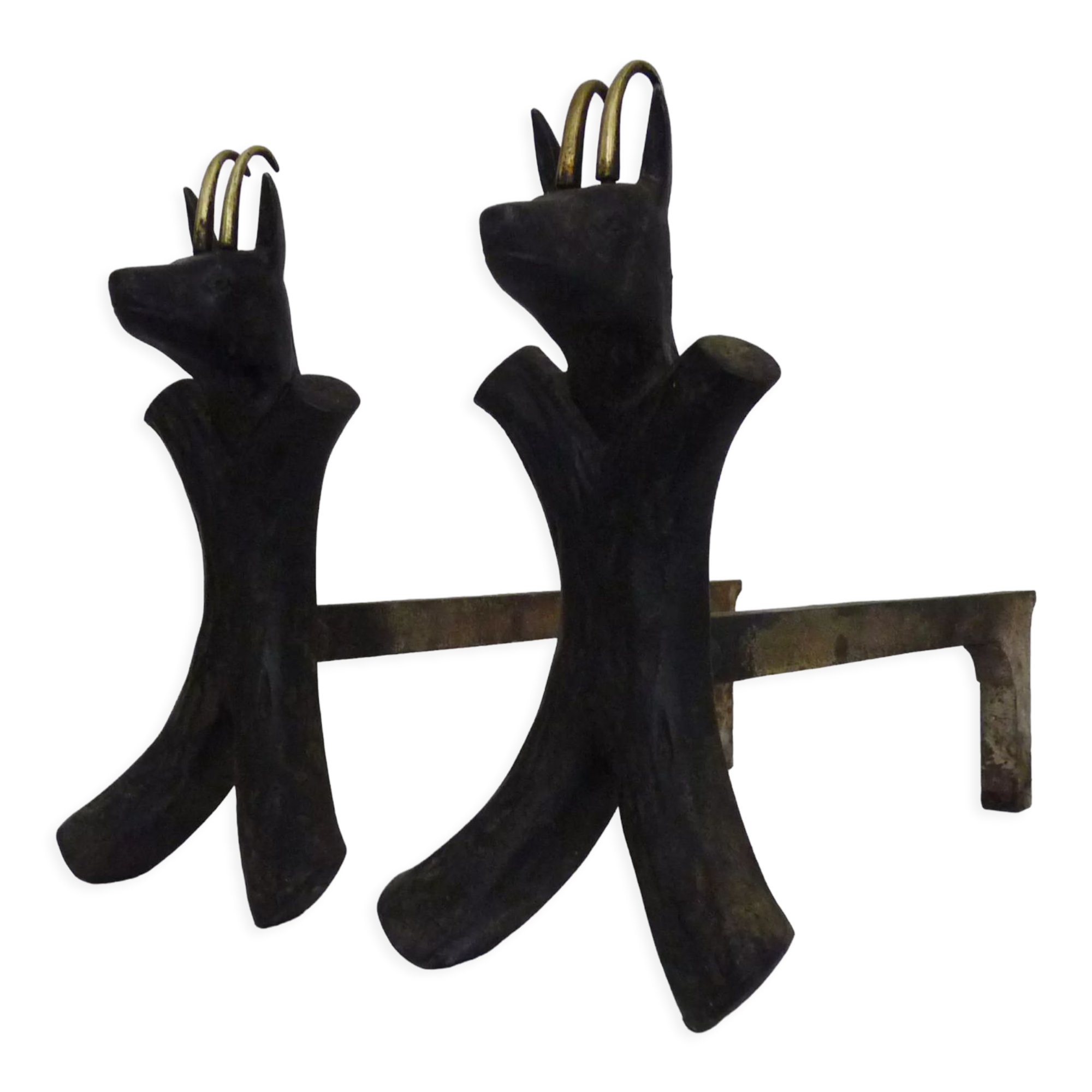 Pair of zoomorphic cast iron chimney pegs representing Isards. 50s