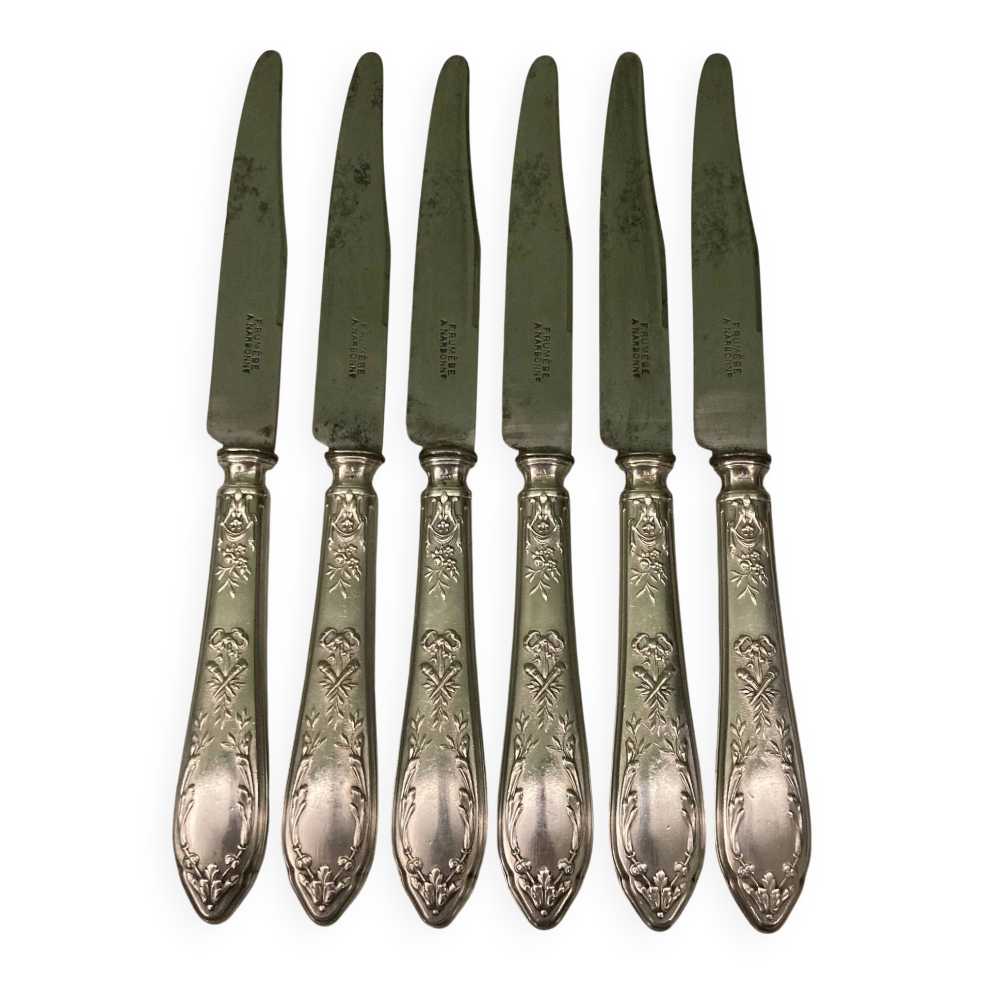 6 silver-plated dessert knives by SFAM and Rumèbe in the Louis XVI style from Narbonne.