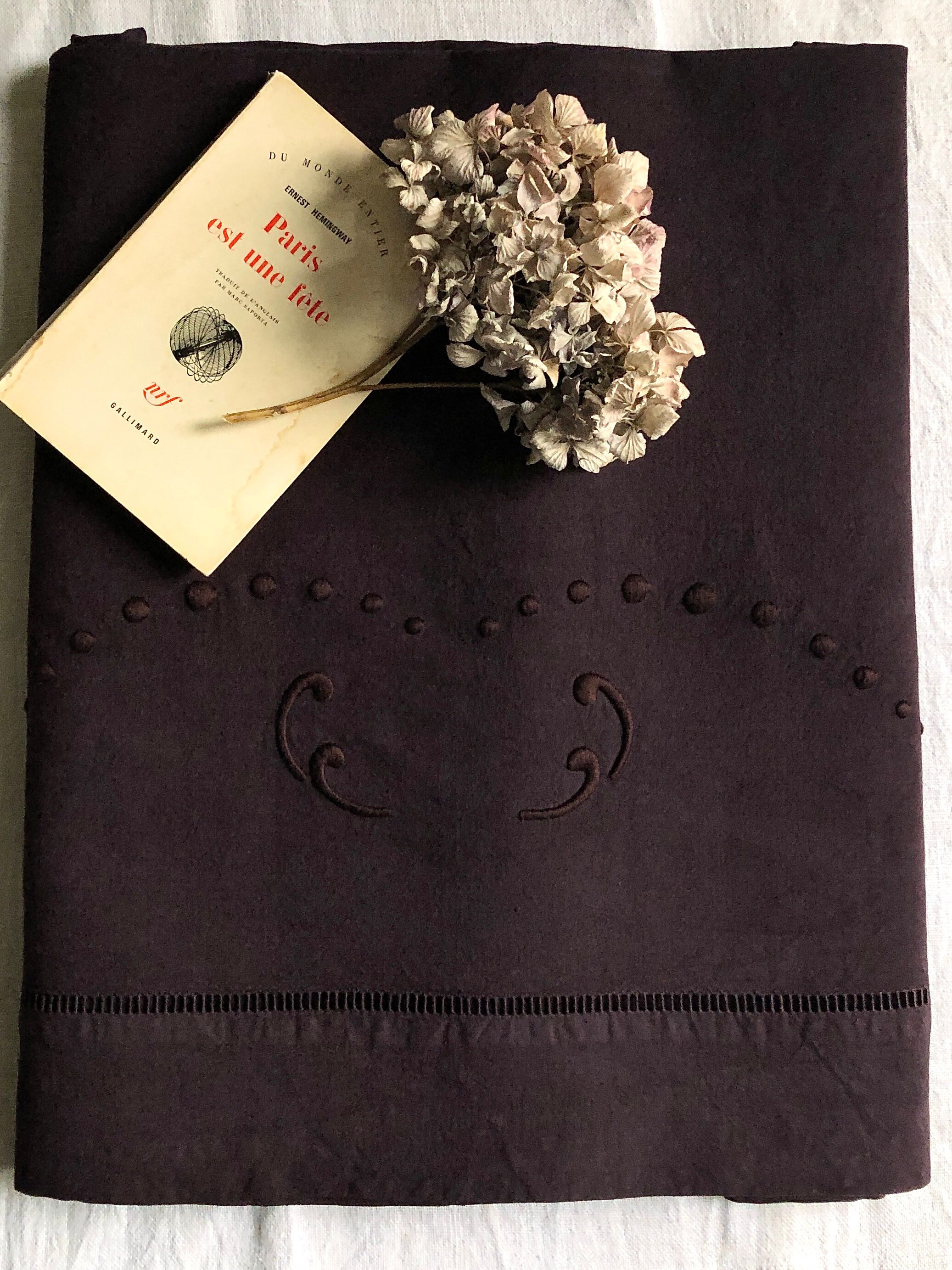 Old linen and cotton sheet tinted eggplant