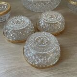 Salad bowl and cups in cut glass and brass