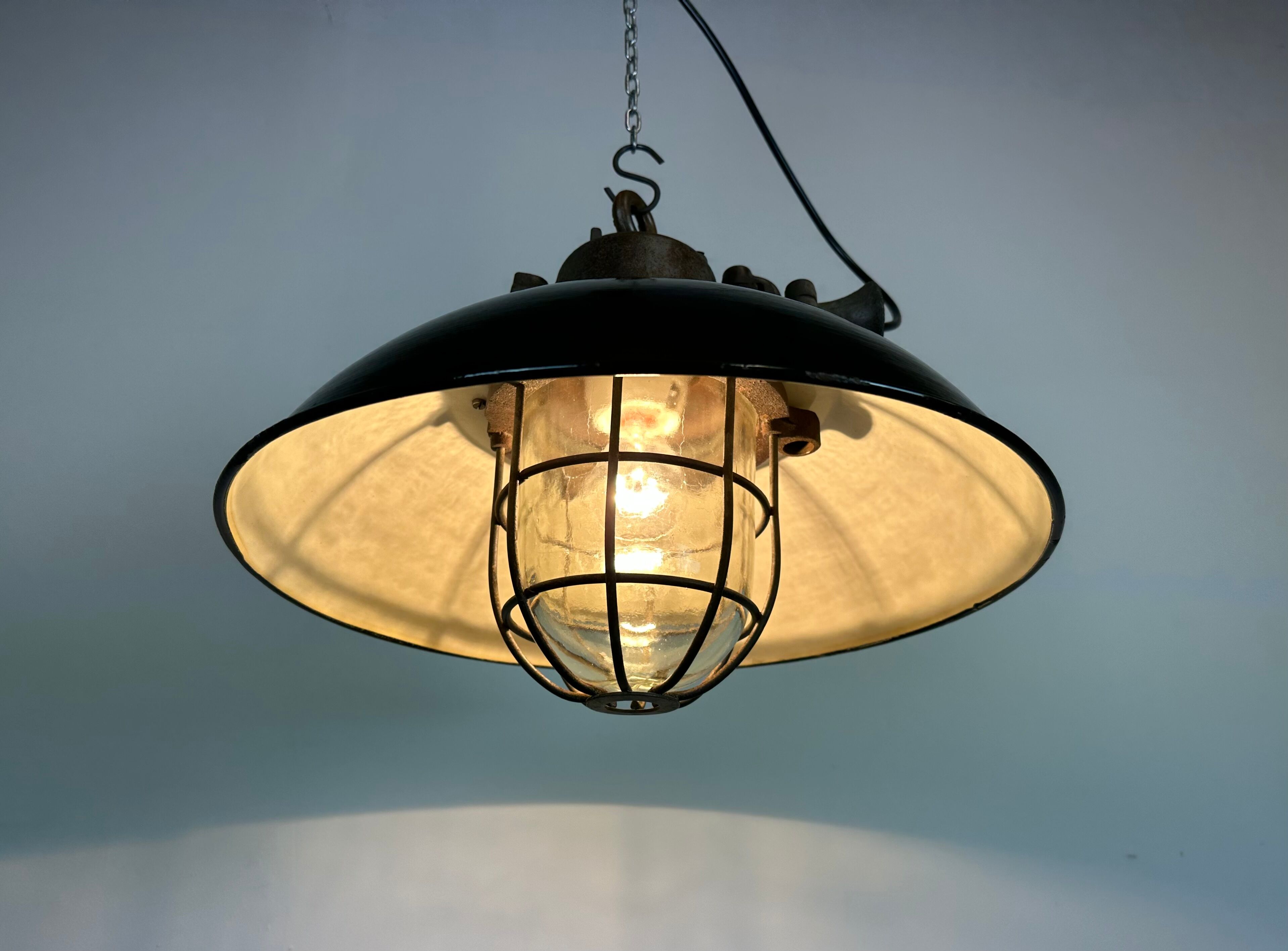 Black enamel and cast iron industrial cage pendant light, 1950s