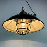 Black enamel and cast iron industrial cage pendant light, 1950s