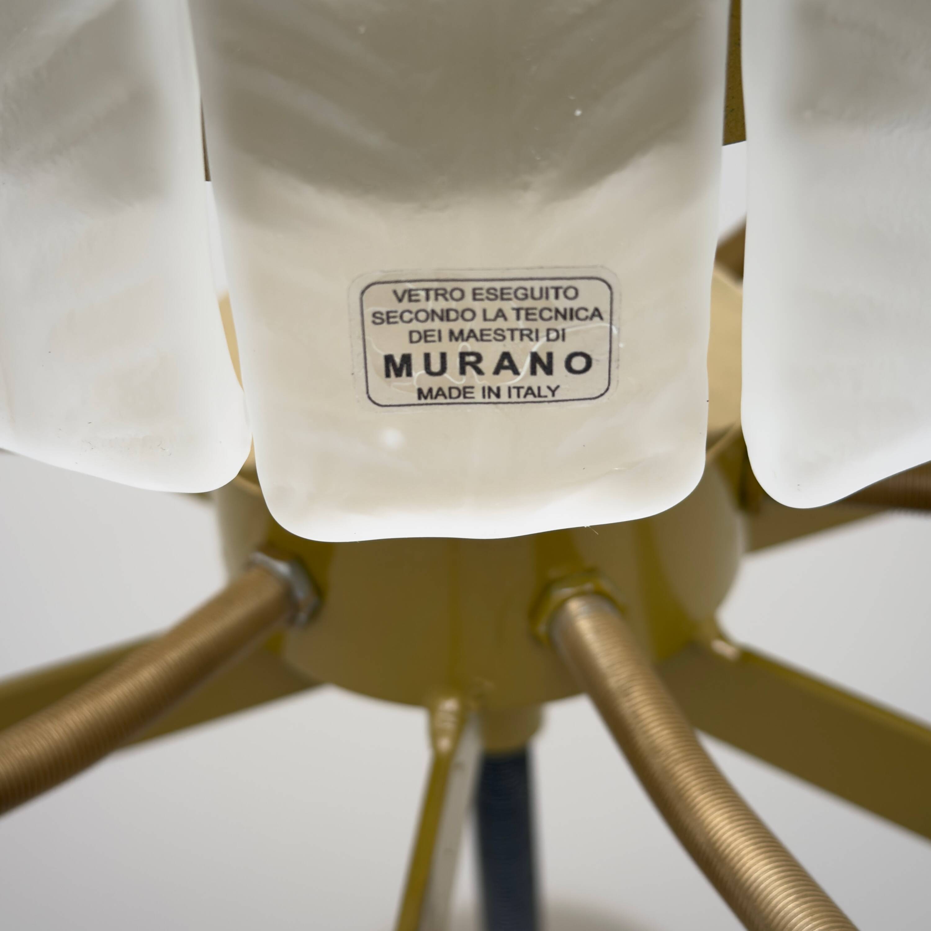 Italian Murano Glass Feather Chandelier with Brass Details