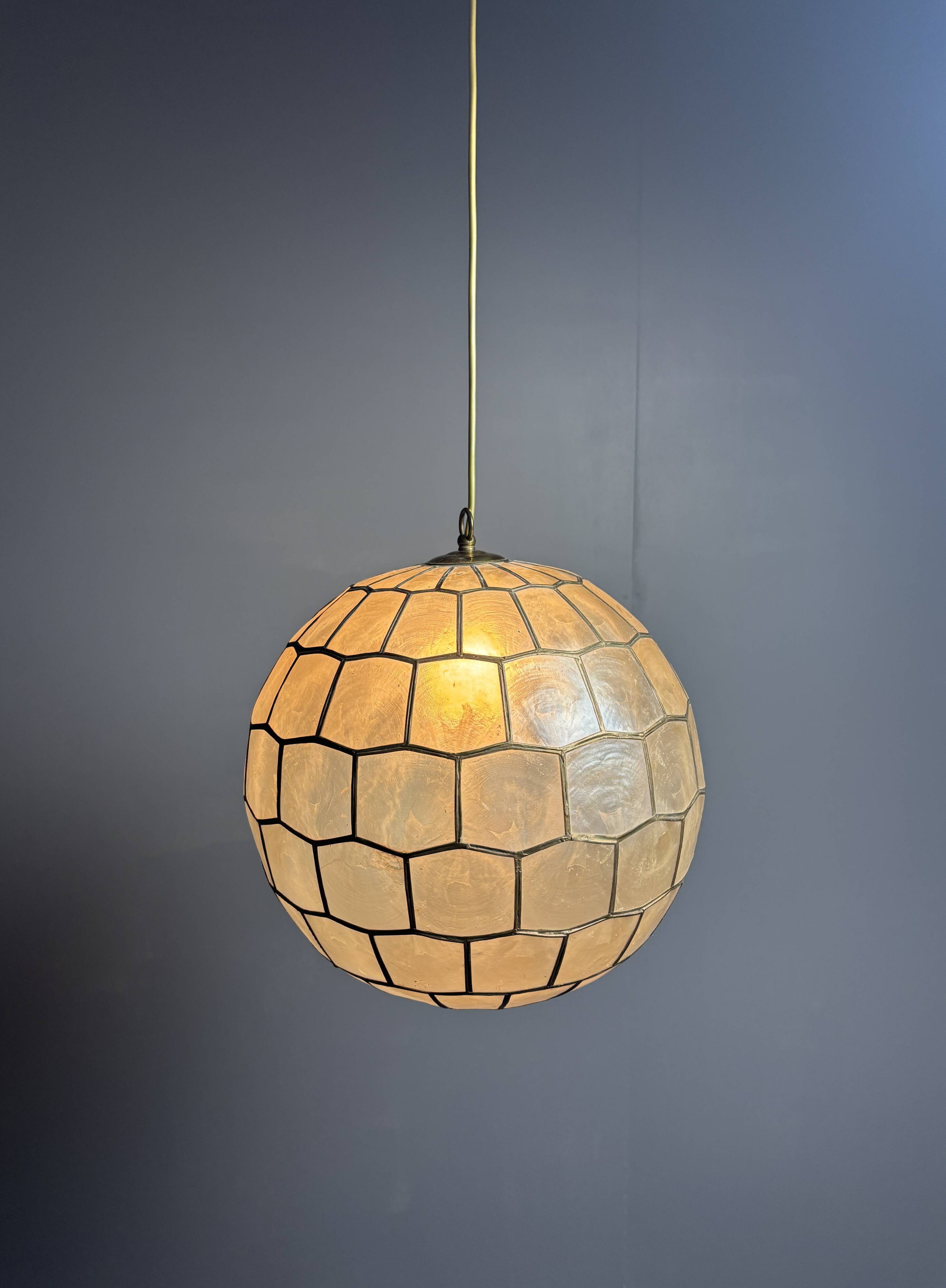 Midcentury mother of pearl Capiz shell & brass sphere large pendant, 1960s