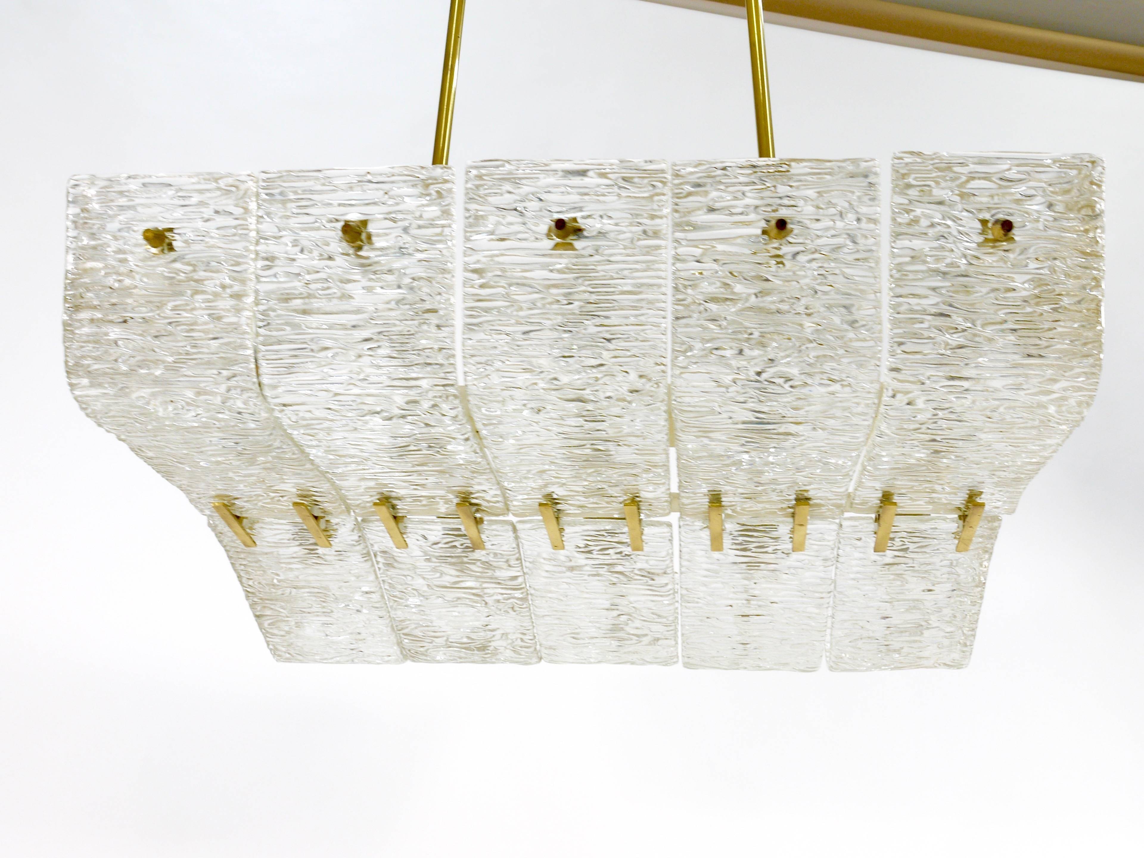 J.T. Kalmar enormous brass and textured glass chandelier, Austria, 1950s