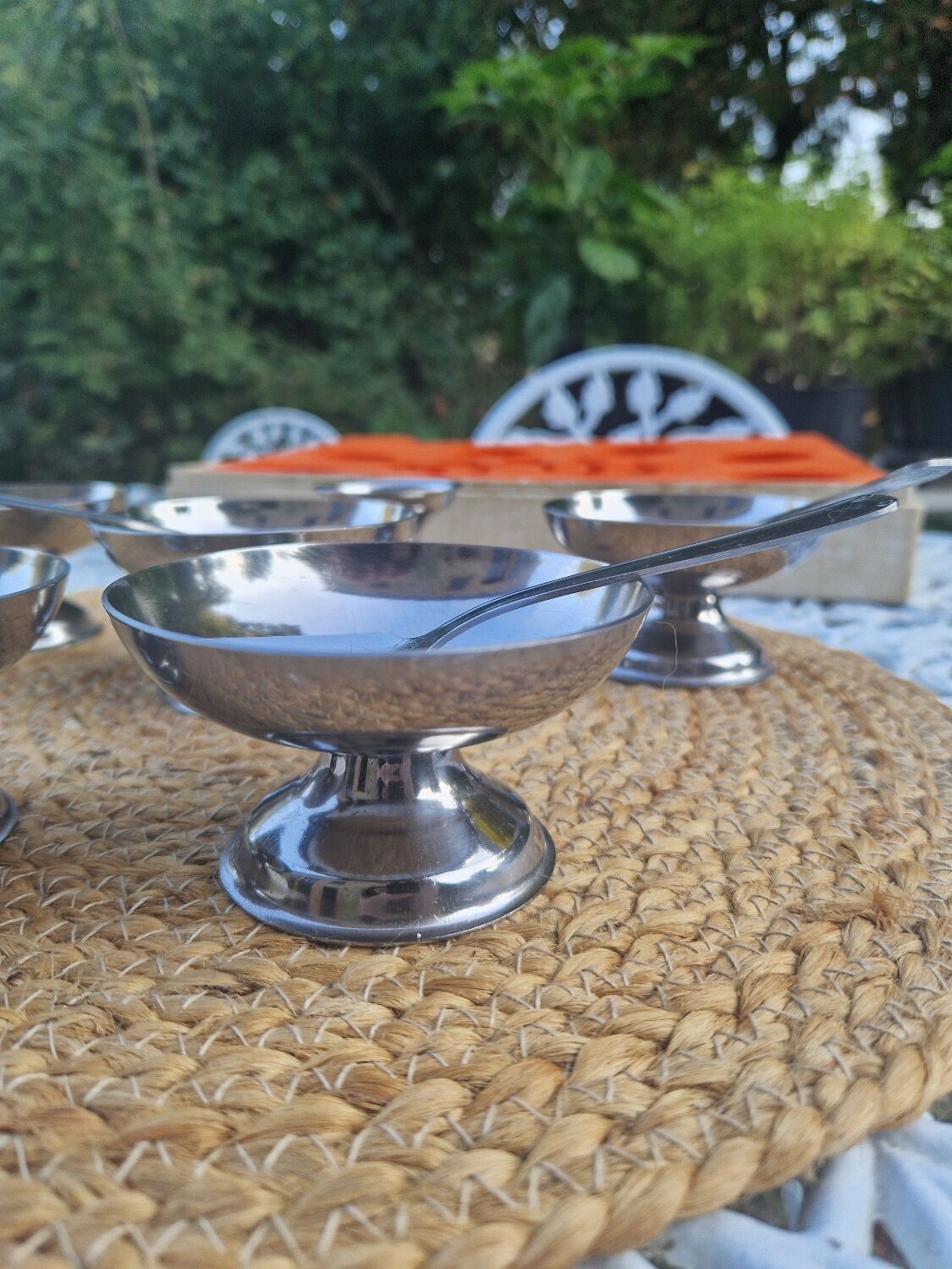 Lot de 6 bols à dessert vintage en acier inoxydable avec 5 cuillères