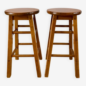 Pair of high stools / bar varnished wood 60-70s