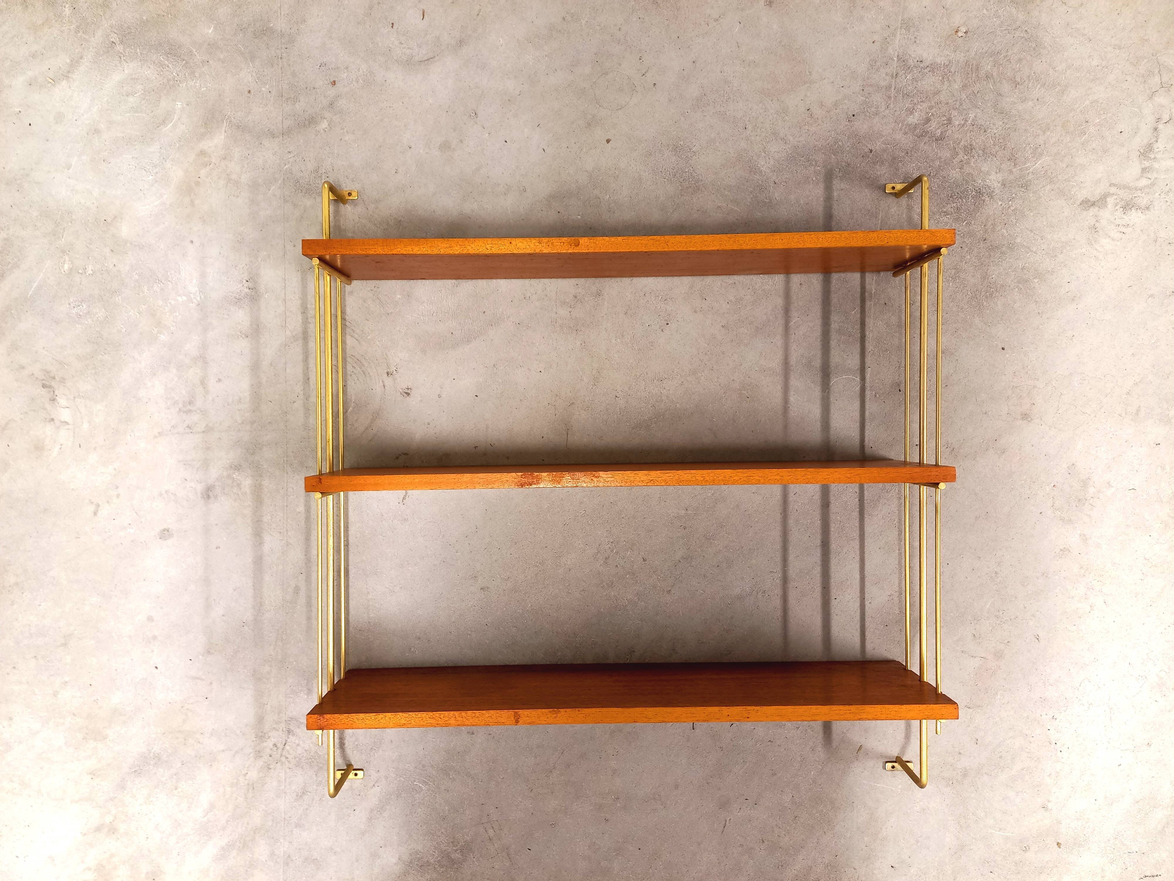 Vintage wall shelf in teak and golden brass String Tomado style