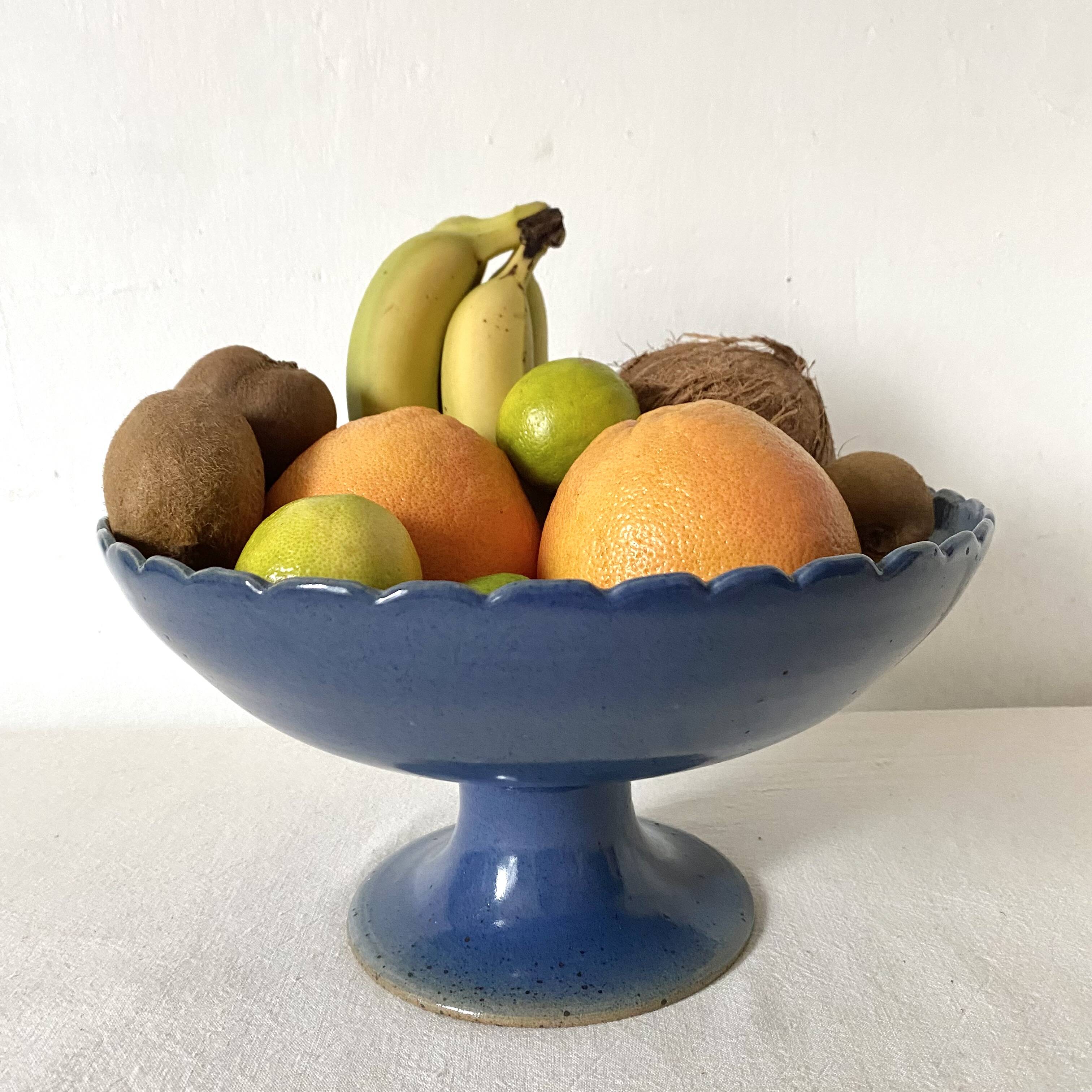 Signed blue stoneware fruit bowl