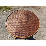 Table vintage en rotin et plateau noisetier