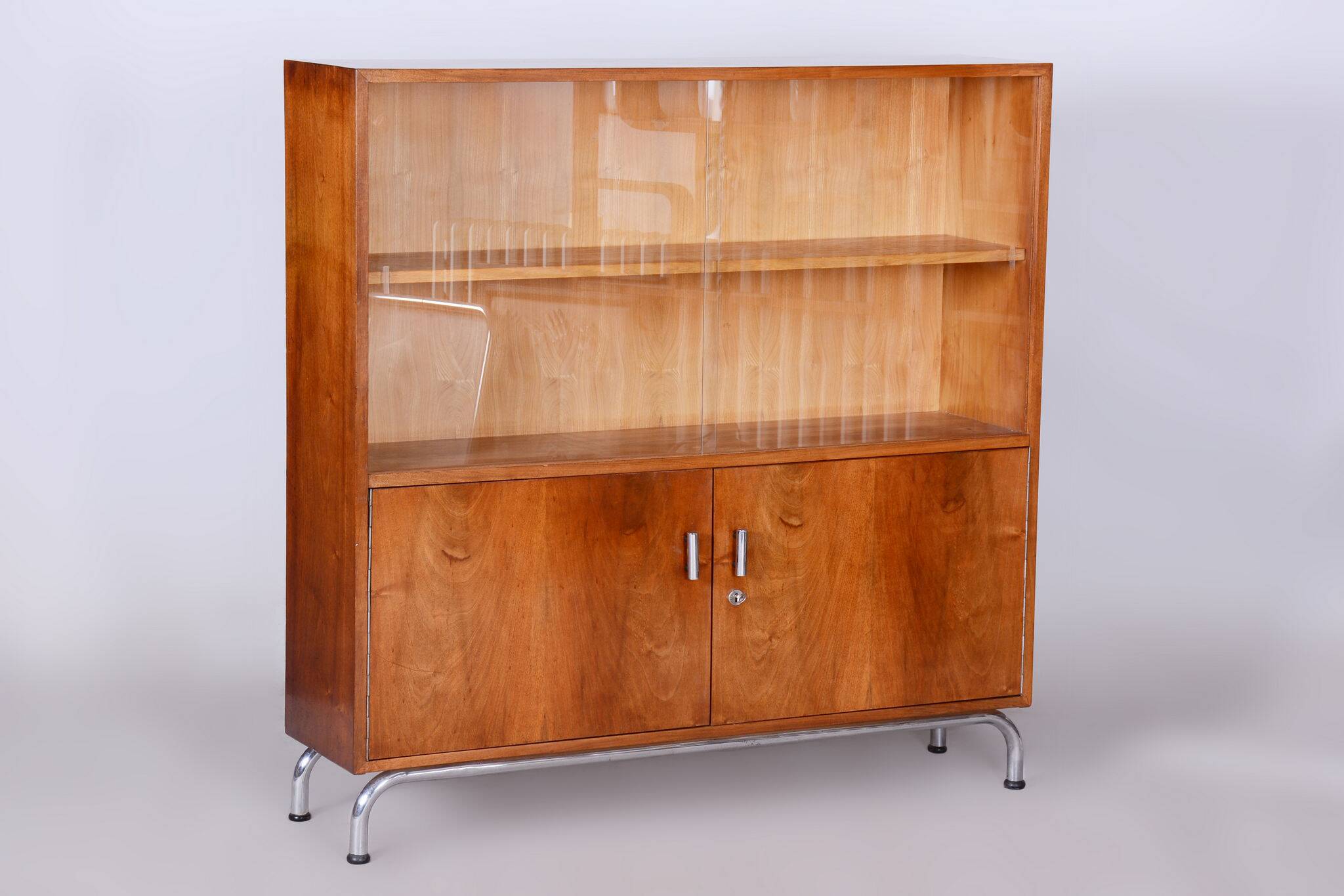 Restored Bauhaus Bookcase, Robert Slezák, Walnut and Chrome Plated Steel, 1930s