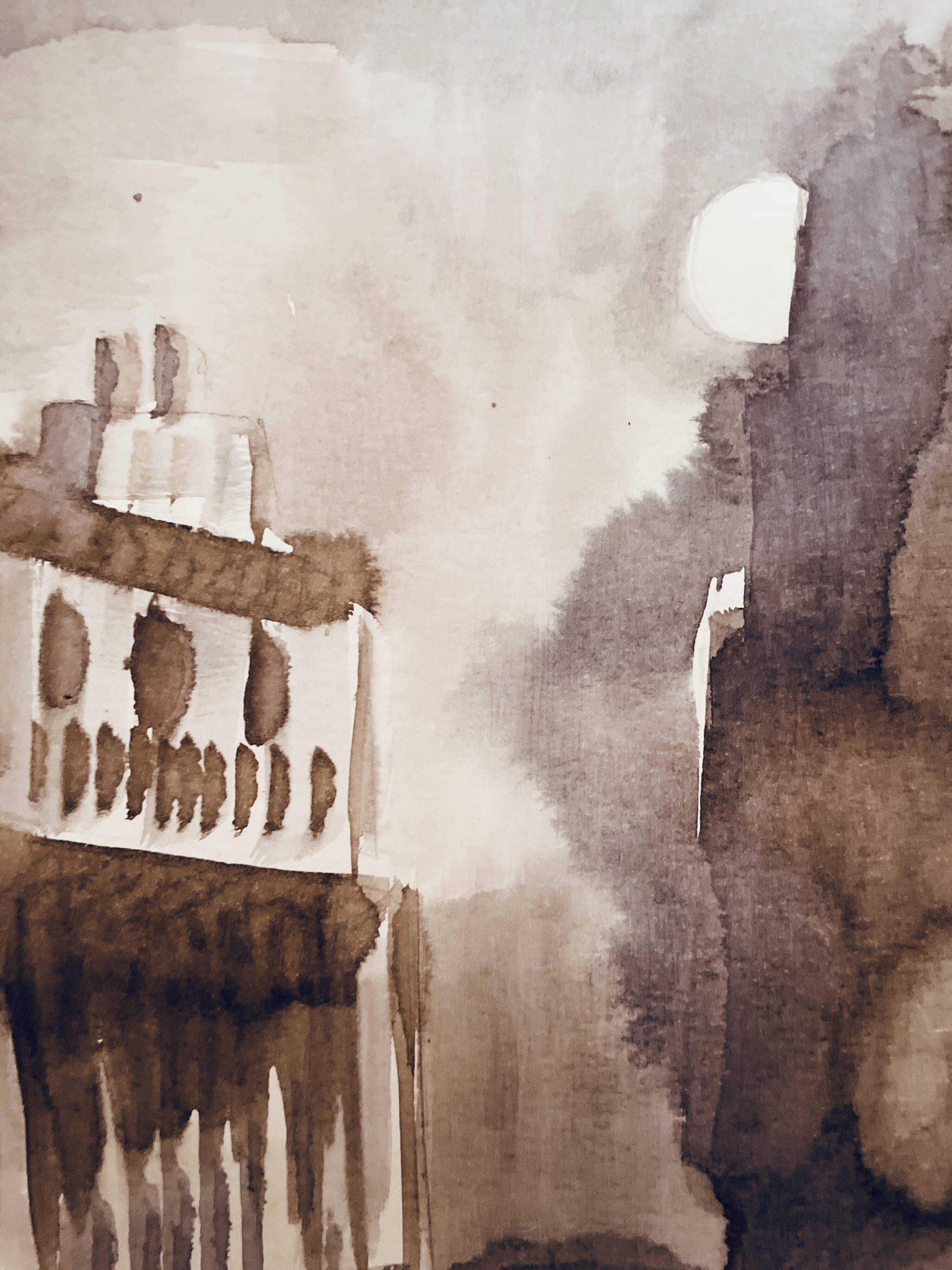 Signed watercolour monochrome sepia Moonlight over Tangier