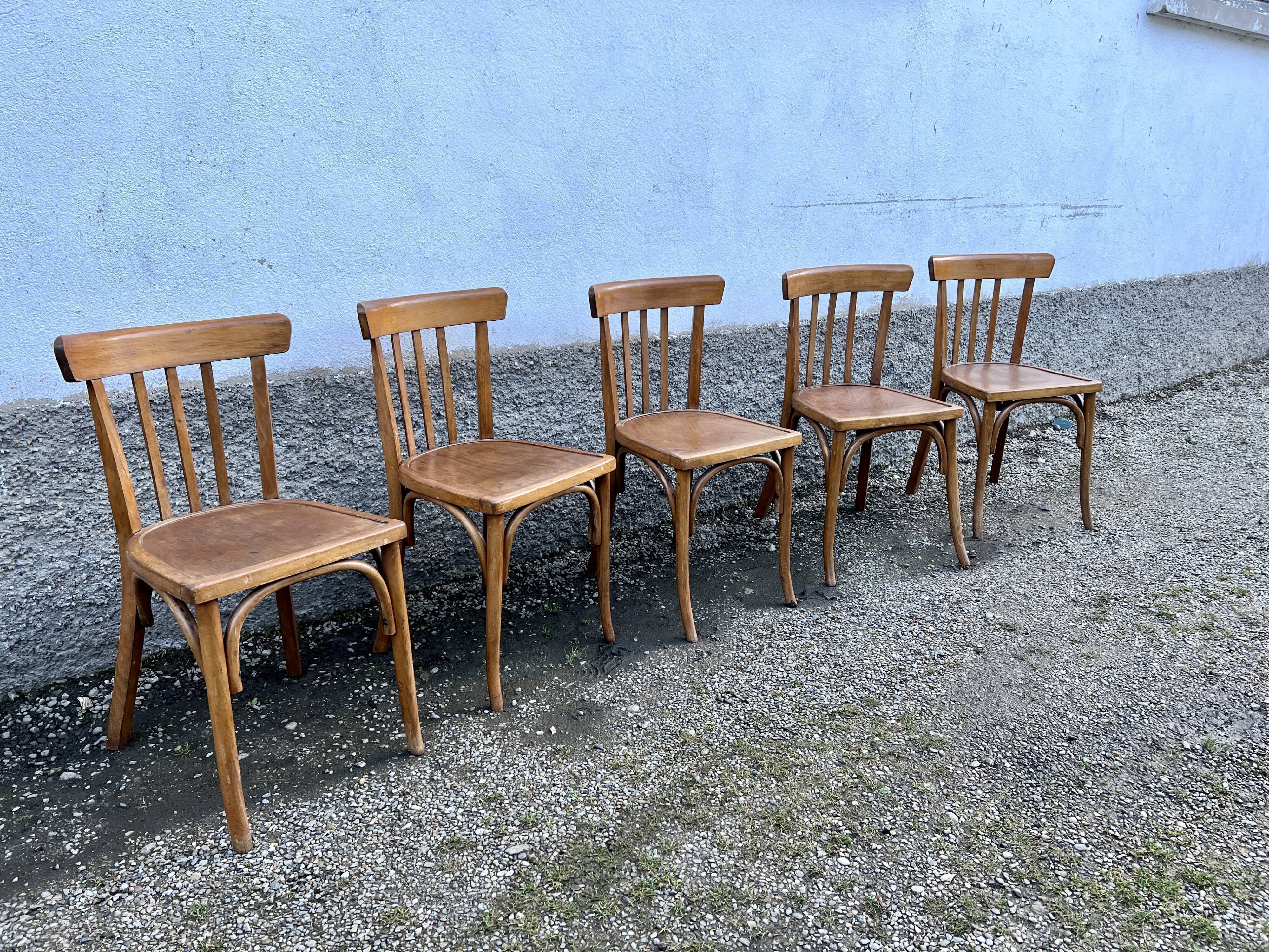 Series of 5 bistro/bohemian beech chairs - vintage - 1950
