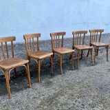 Series of 5 bistro/bohemian beech chairs - vintage - 1950