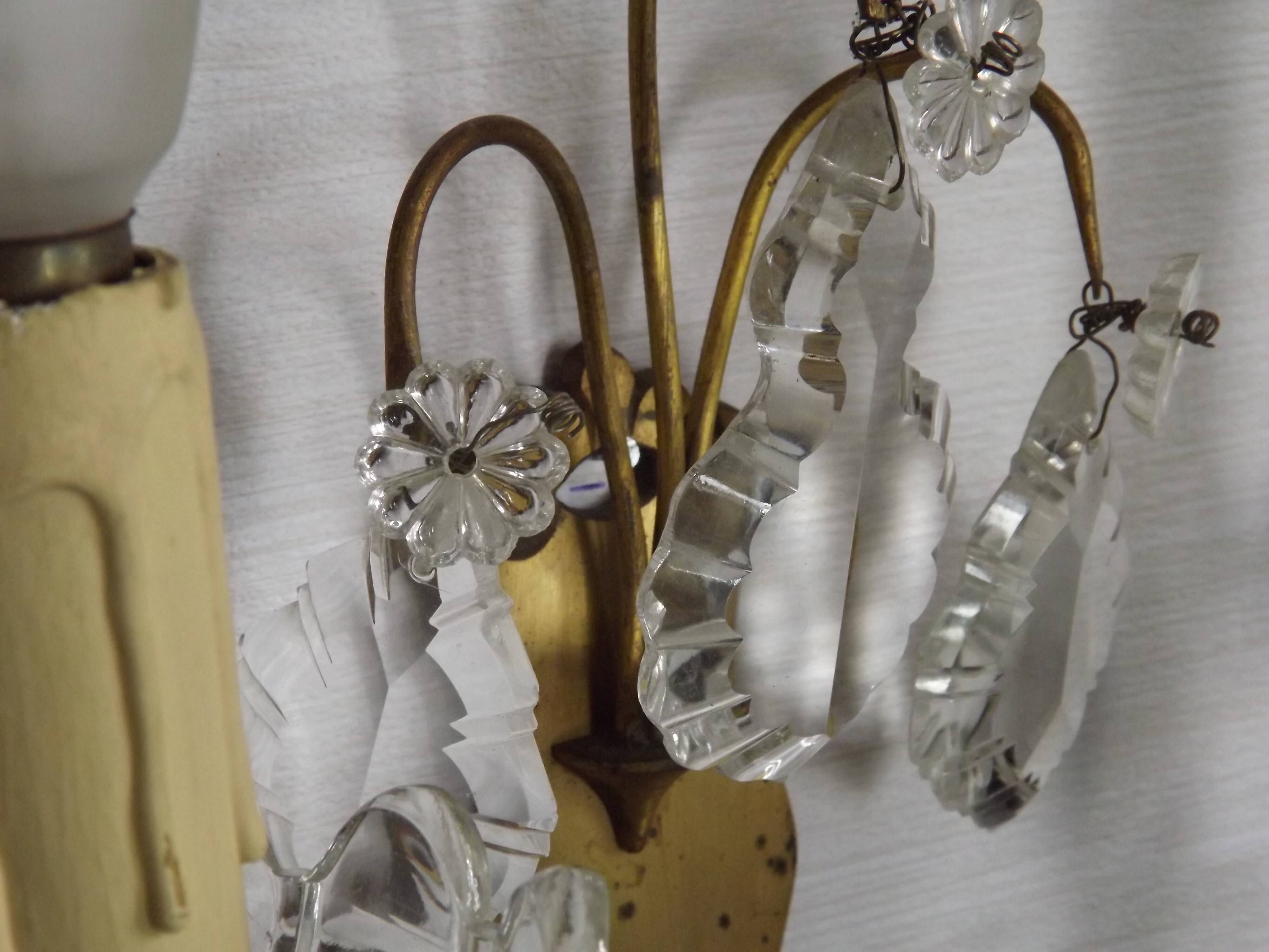 Pair of French Double Brass & Glass Wall Lights Adorned With Crystals