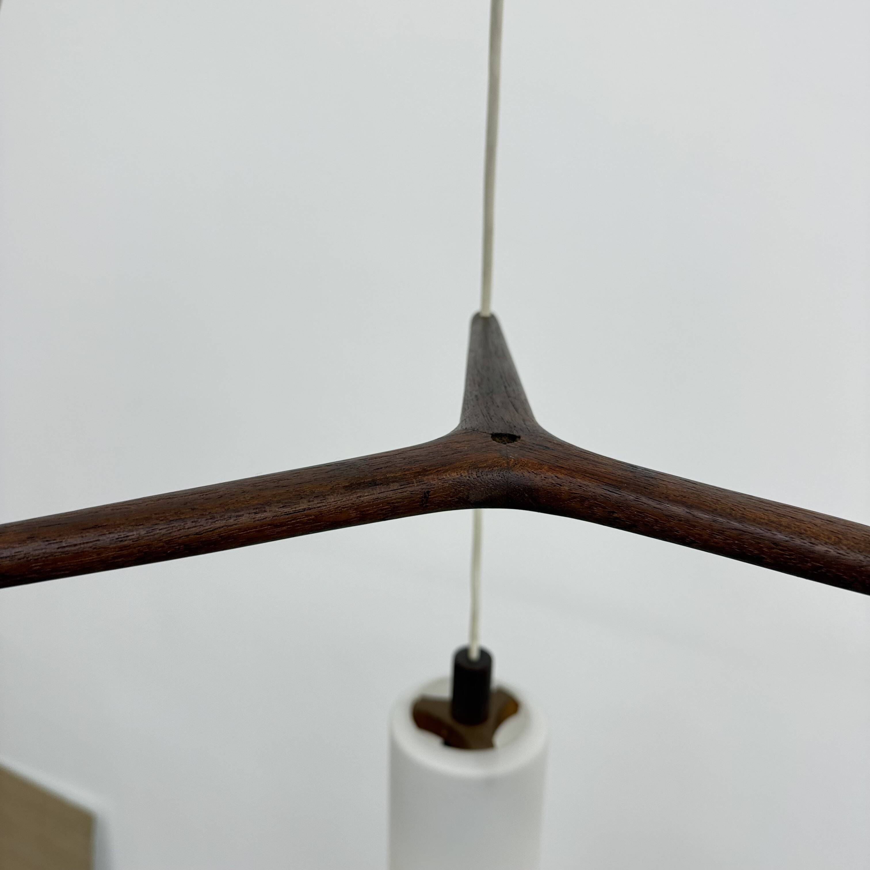 Mid-century design pendant lamp teak and opaline glass, 1970s