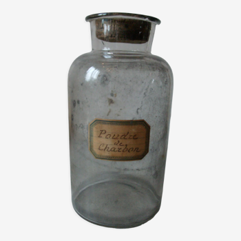 Ancien bocal pot de pharmacie apothicaire médecin étiquette poudre de charbon