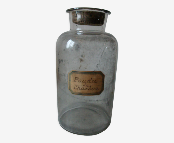 Ancien bocal pot de pharmacie apothicaire médecin étiquette poudre de charbon