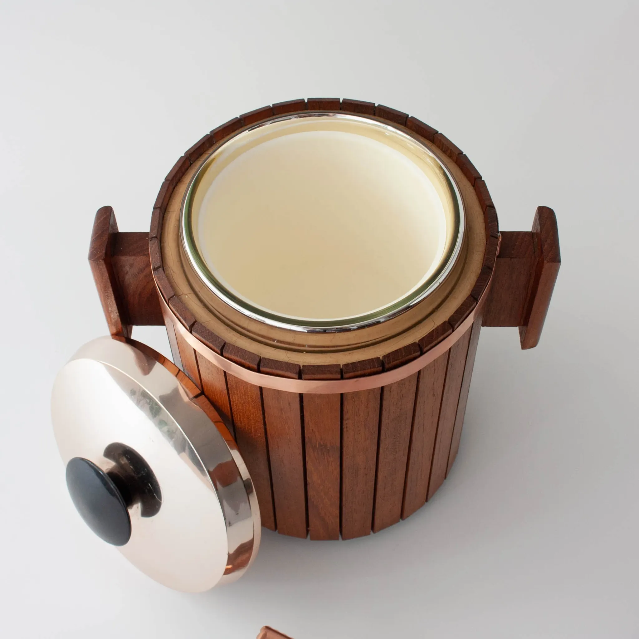 Vintage Danish Wood Ice Bucket with Copper Details, 1960's