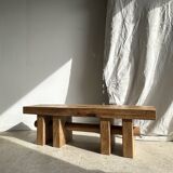 Solid wood bench with openwork base crossed by a cylinder - Mango wood
