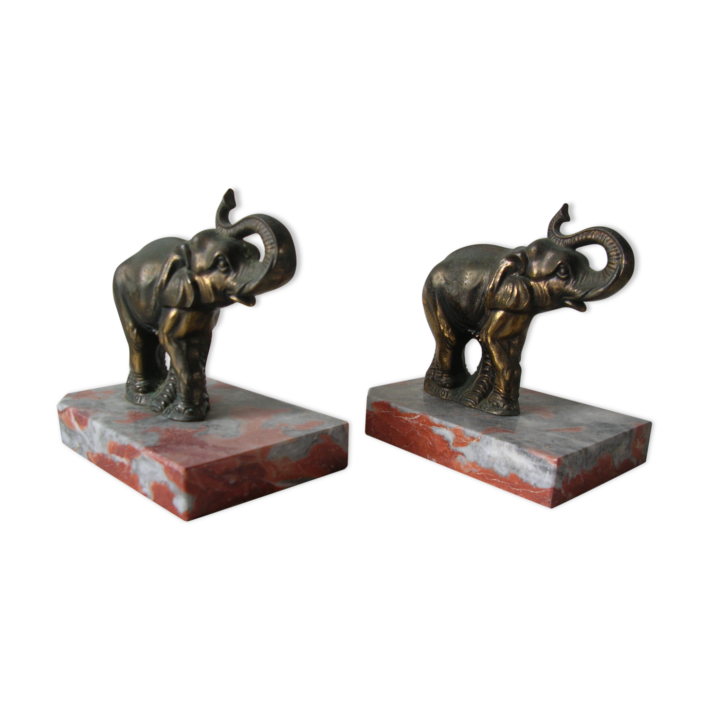 Old pair of bookends elephant in regulation signed Gallot ED on Art Deco marble