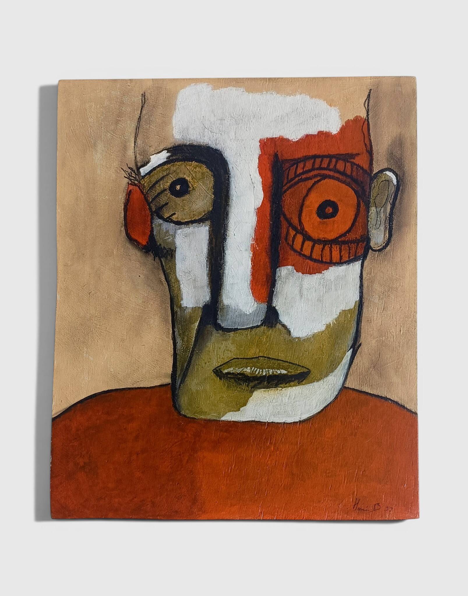 Abstract neo-primitive French portrait painting, mixed media on panel, 1999