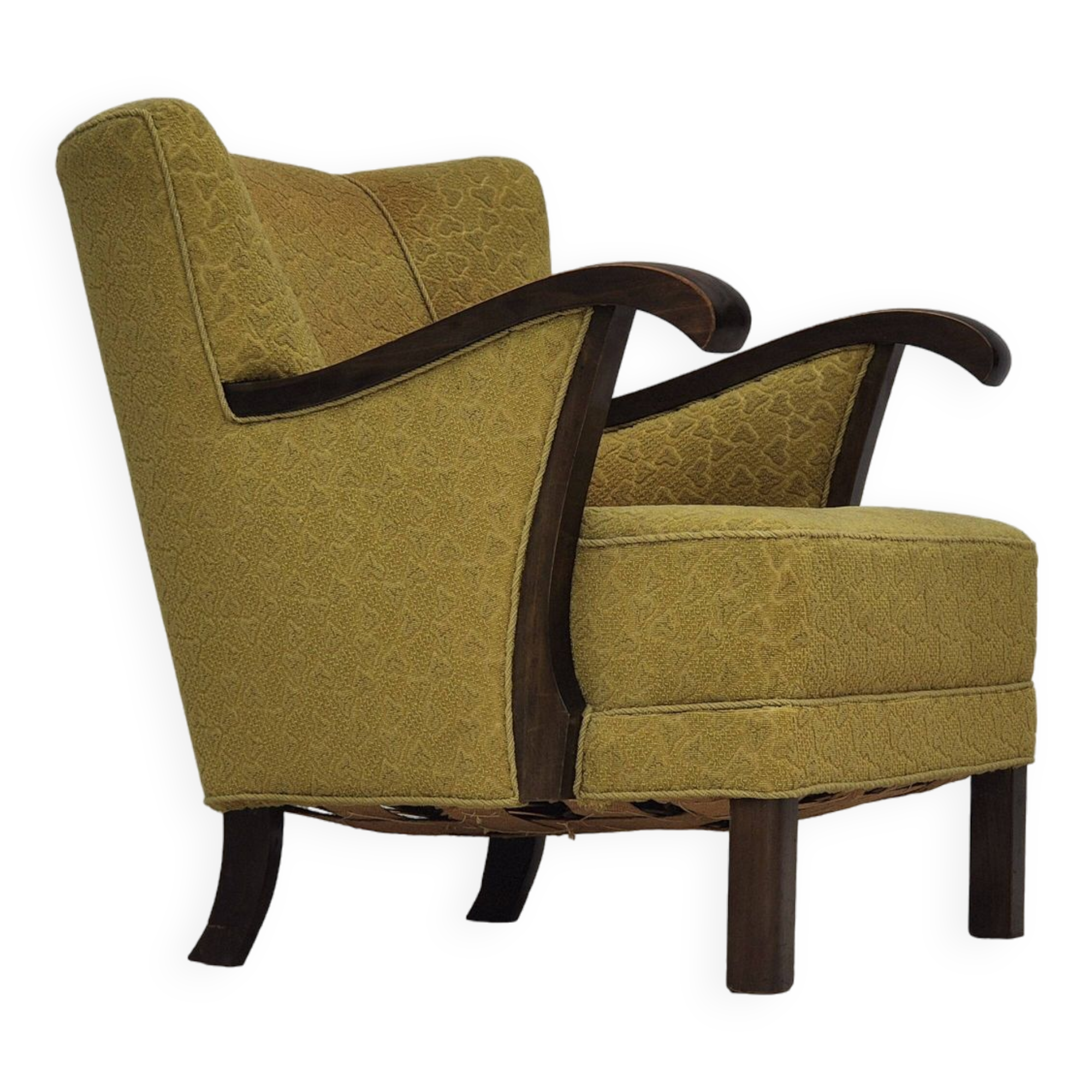 1950s, Danish vintage chair, light green cotton/wool fabric, beech wood.