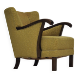 1950s, Danish vintage chair, light green cotton/wool fabric, beech wood.