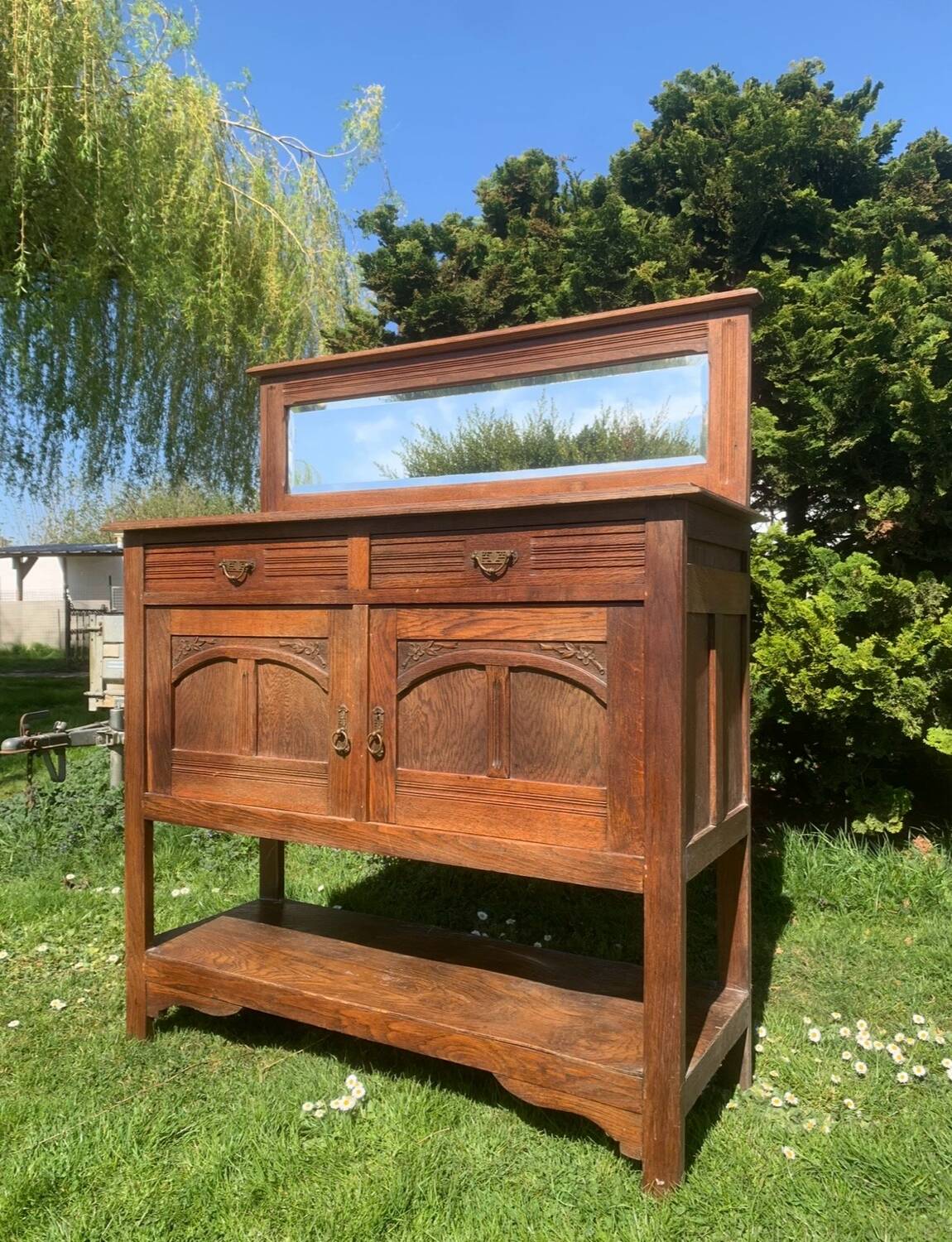 Antique solid wood sideboard with mirror — Art Nouveau style