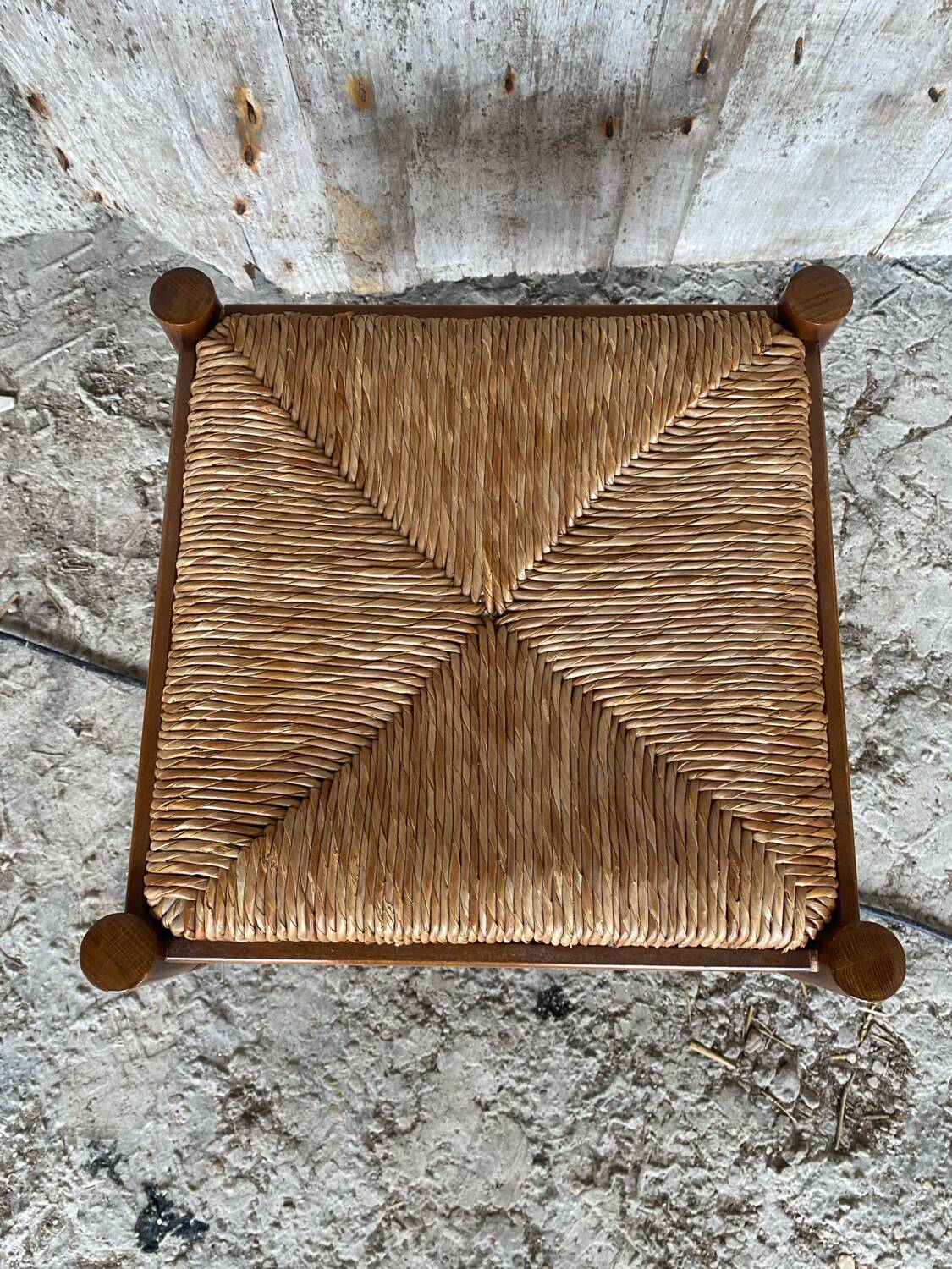 Vintage Wooden Stool with Woven Seat #D502