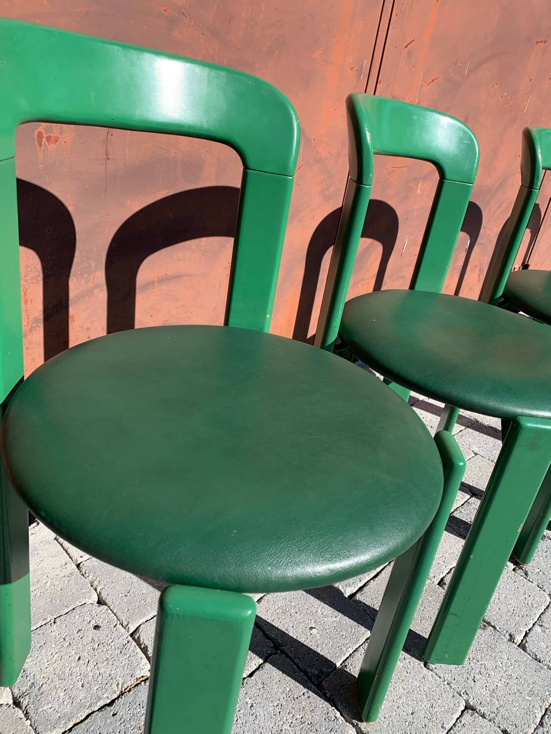 6 Bruno Rey Kush & co Green Stackable Chairs Circa 1970