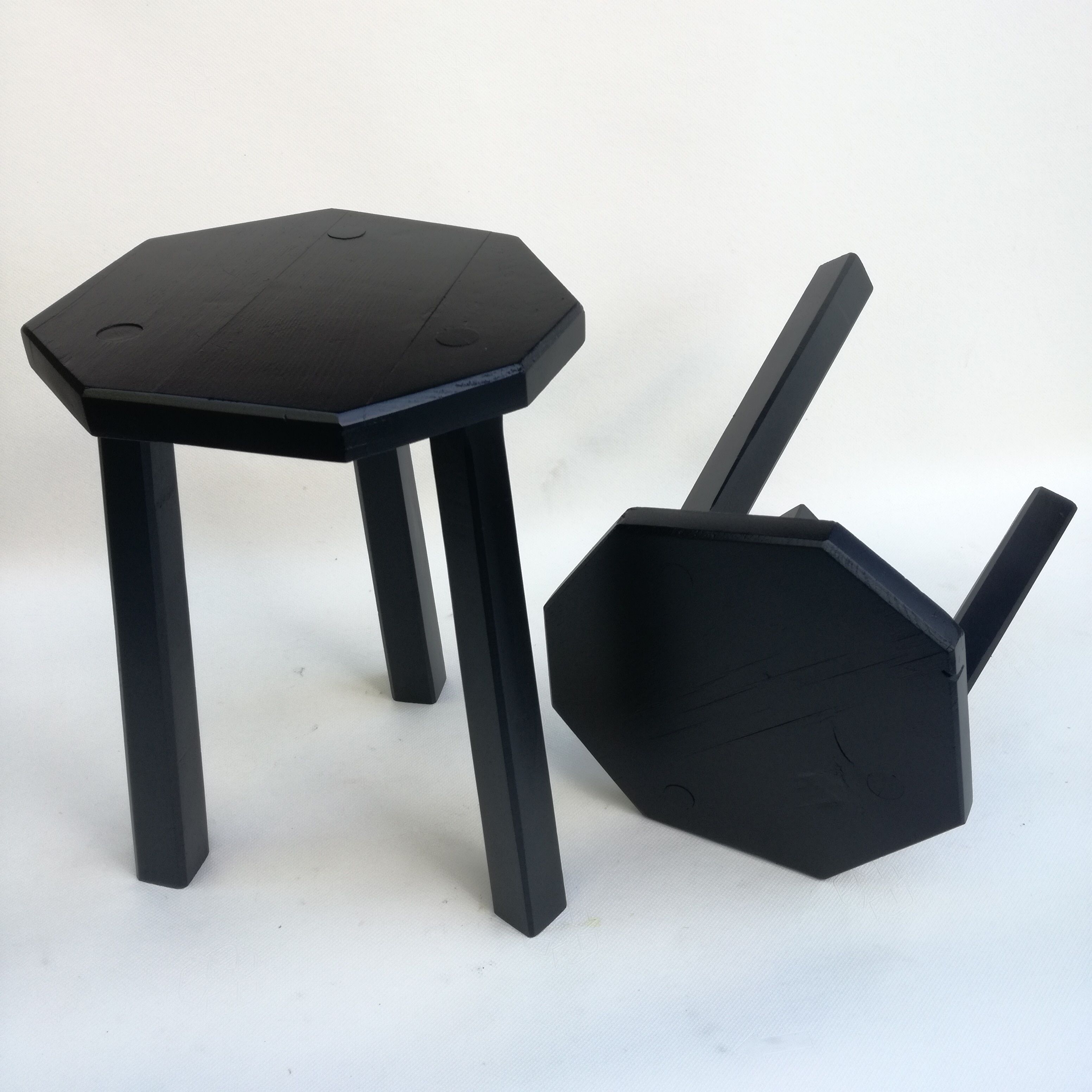 Black brutalist wooden stools, set of 2