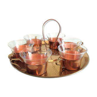 Set de six tasses en verre et plateau laiton 60/70